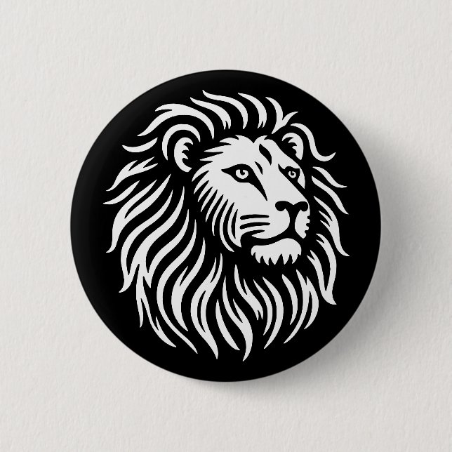 Lion Head - White on Black 6 Cm Round Badge (Front)