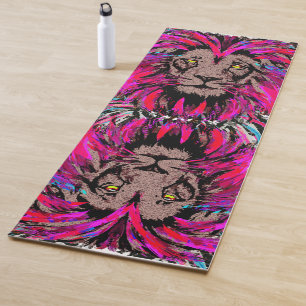 Lion Head Yoga Mat - Blue Pink Lion - Wildlife 