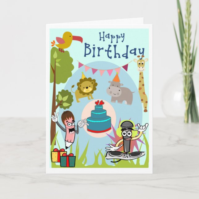 Lion, Hippo, Giraffe in the Wild Birthday Card (Front)