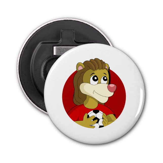 Lion holding a soccer ball cartoon bottle opener (Front)