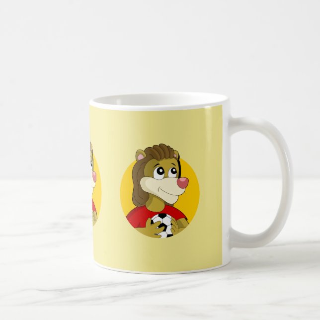 Lion holding a soccer ball cartoon coffee mug (Right)