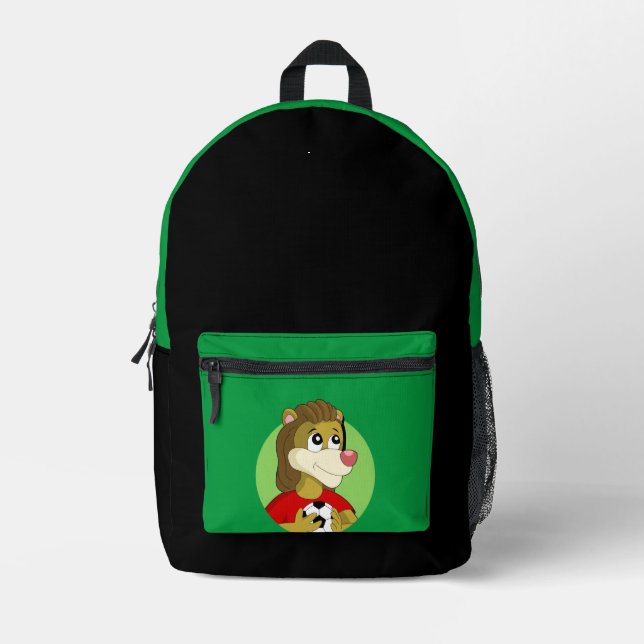 Lion holding a soccer ball cartoon  printed backpack (Front)