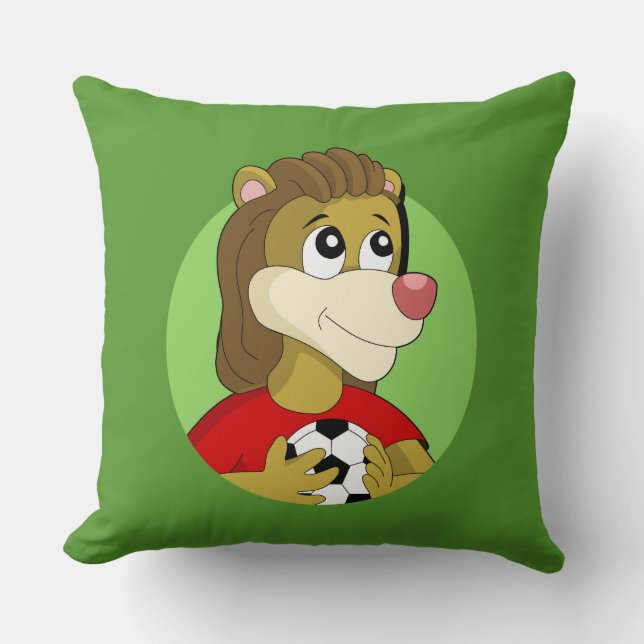 Lion holding a soccer ball cartoon throw pillow (Front)