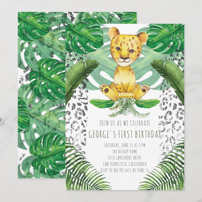 Lion Illustration Safari First Birthday Invitation (Front/Back)