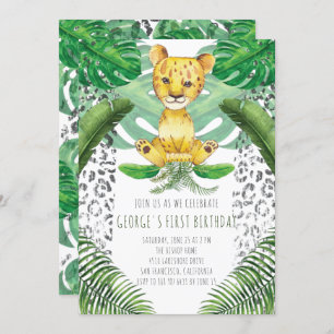 Lion Illustration Safari First Birthday Invitation