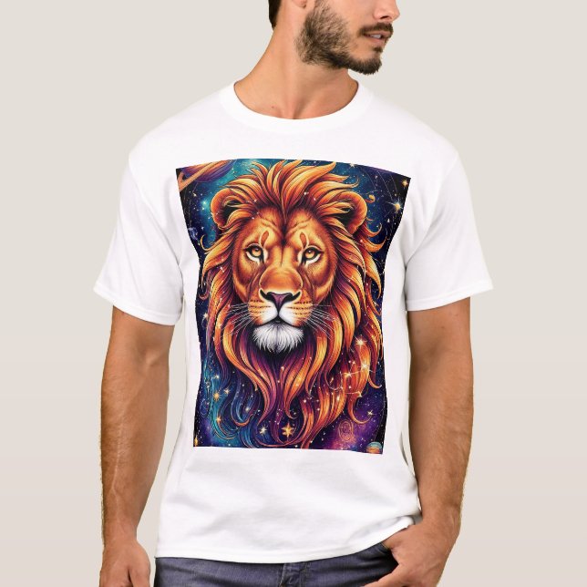 Lion in Cosmic Starry Galaxy T-Shirt (Front)