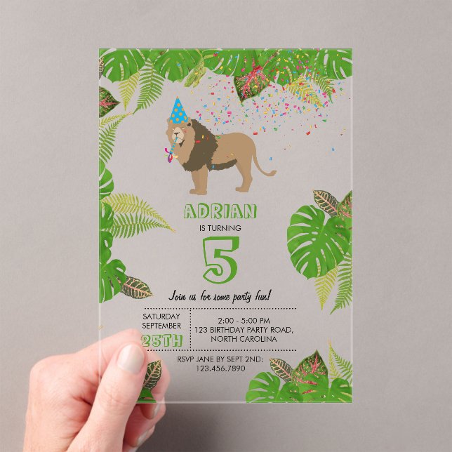 Lion Jungle Partying Animals Birthday Party Acrylic Invitations (Insitu (Handheld))