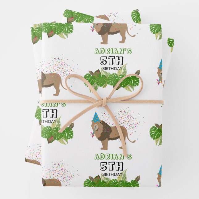 Lion Jungle Partying Animals Birthday Party Custom Wrapping Paper Sheet (In situ)