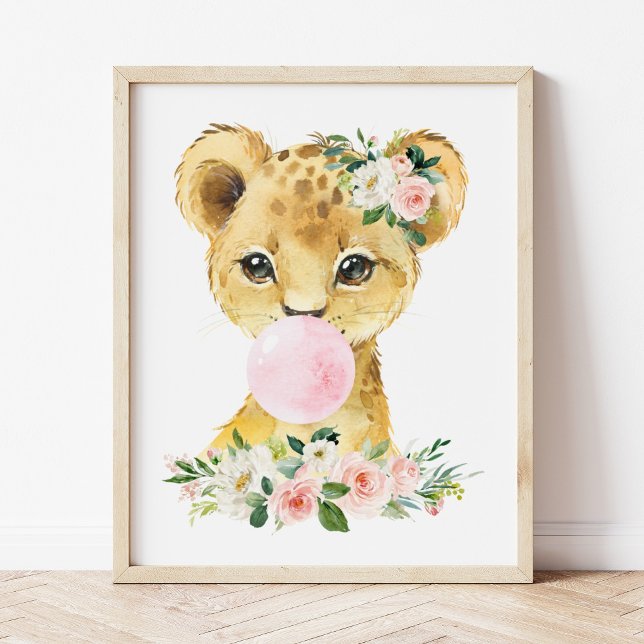 Lion, Jungle Safari, Pink Bubble Gum, Girl Nursery Poster (Creator Uploaded)