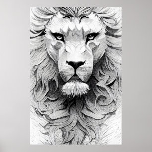 Lion King Animal Wild Nature Illustration Line Art Poster