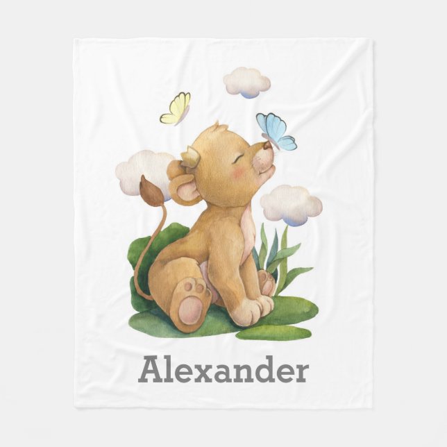 Lion King, Cute baby lion with butterfly Fleece Blanket (Front)