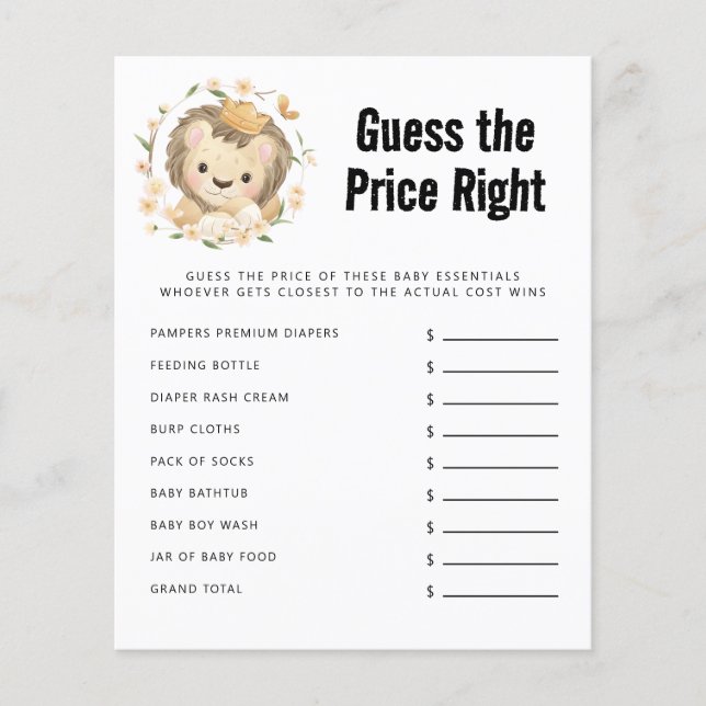 Lion king Guess The Price Right Baby Shower Game (Front)