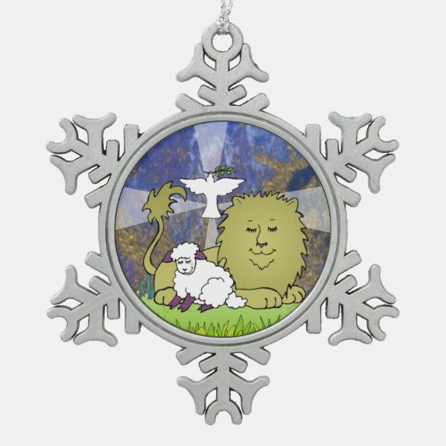 Lion, Lamb, and Dove Snowflake Pewter Christmas Ornament (Front)