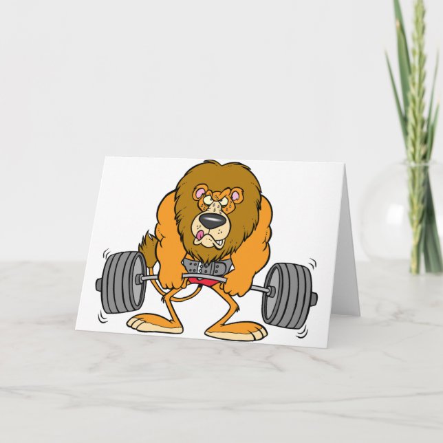 Lion Lifing Weights Greeting Cards (Front)
