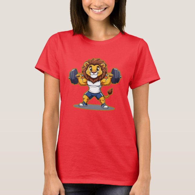 Lion Lifting Light Weights – Cute Gym Animal Illus T-Shirt (Front)