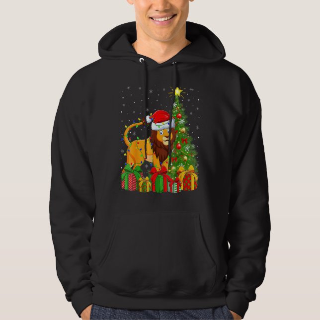 Lion Lighting Xmas Tree Santa Hat Lion Christmas Hoodie (Front)