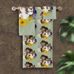 Lion Lioness Floral Green Bath Towel Set