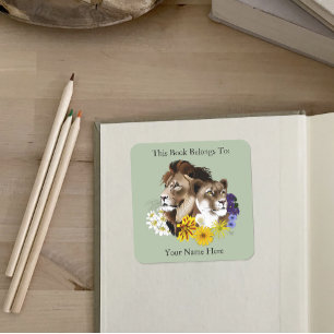 Lion Lioness Floral Green Bookplate Square Sticker