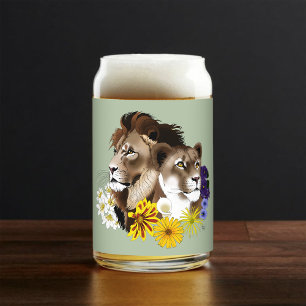 Lion Lioness Floral Green  Can Glass