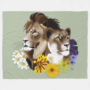 Lion Lioness Floral Green Fleece Blanket
