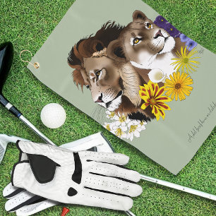 Lion Lioness Floral Green Golf Towel