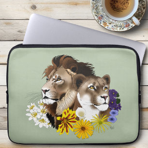 Lion Lioness Floral Green Laptop Sleeve