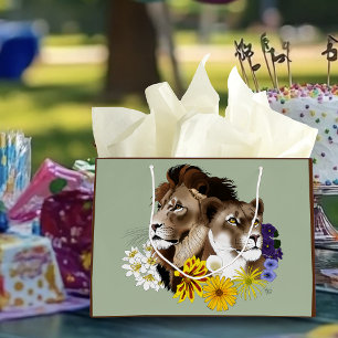 Lion Lioness Floral Green  Large Gift Bag