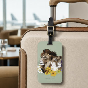 Lion Lioness Floral Green Luggage Tag