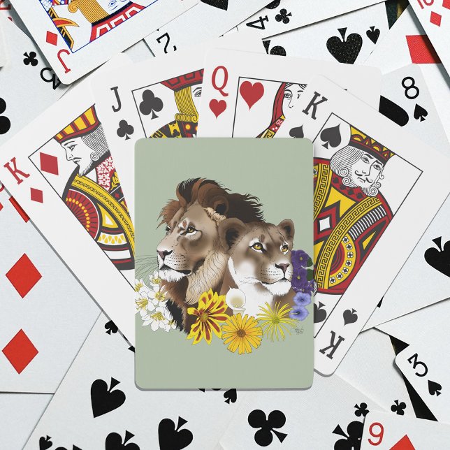Lion Lioness Floral Green  Playing Cards (Creator Uploaded)