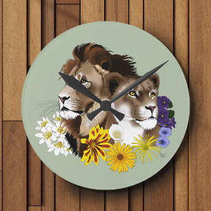 Lion Lioness Floral Green Round Clock