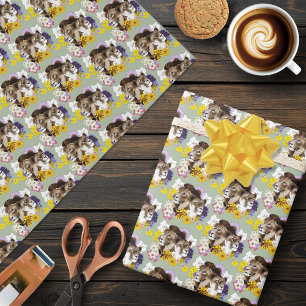 Lion Lioness Floral Green Wrapping Paper