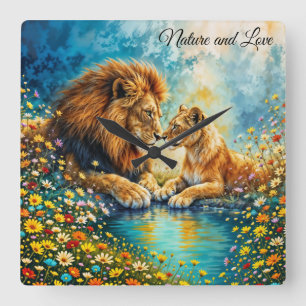Lion Lioness wild cats nature love wildlife Square Wall Clock