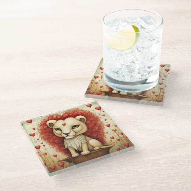 Lion Love 3 Glass Coaster (Angled)