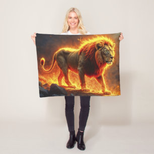 Lion of flames burning volcano fire fantasy art fleece blanket