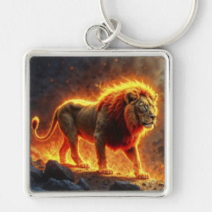 Lion of flames burning volcano fire fantasy art key ring