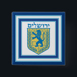 Lion of Judah Emblem Jerusalem Hebrew 15 Cm Square Badge<br><div class="desc">Square button with an image of a blue and yellow Lion of Judah emblem on white with light blue and dark blue borders and “Jerusalem” in Hebrew in blue letters above it. See matching square charm, large round premium metal keychain, square double-sided acrylic keychain, round necklace and wrist watch. See...</div>