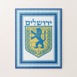 Lion of Judah Emblem Jerusalem Hebrew Jigsaw Puzzle<br><div class="desc">11” x 14” jigsaw puzzle with an image of a blue and yellow Lion of Judah emblem on white and a wide blue,  turquoise and white border. See the entire Hanukkah Puzzle collection under the HOME category in the HOLIDAYS section.</div>