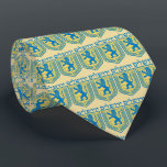 Lion of Judah Emblem Jerusalem Hebrew Tie<br><div class="desc">Men’s gold tie with an image of blue and yellow Lion of Judah emblems with "Jerusalem" in Hebrew above them in blue letters. See the entire Hanukkah Tie collection under the ACCESSORIES category in the HOLIDAYS section.</div>