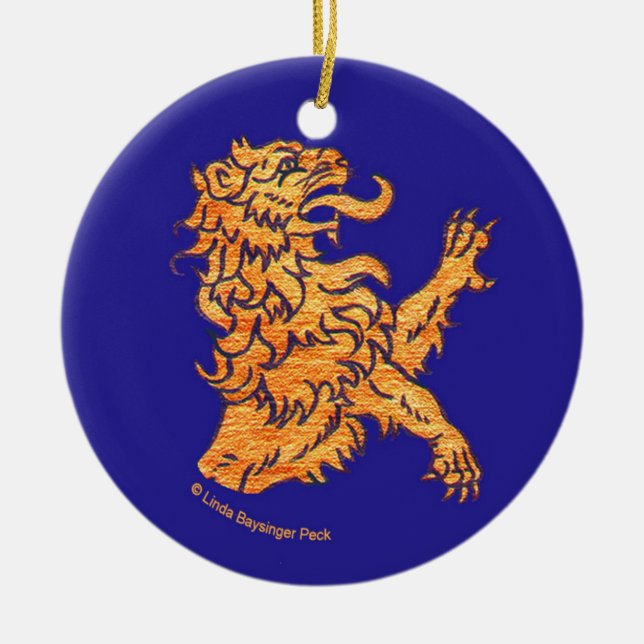 Lion on Blue Ceramic Tree Decoration (Front)