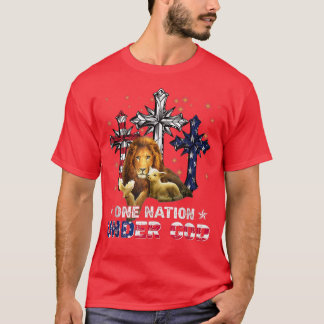 Lion One Nation Under God Cross American Flag 4th T-Shirt