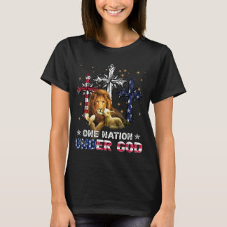 Lion One Nation Under God Cross American Flag 4th  T-Shirt