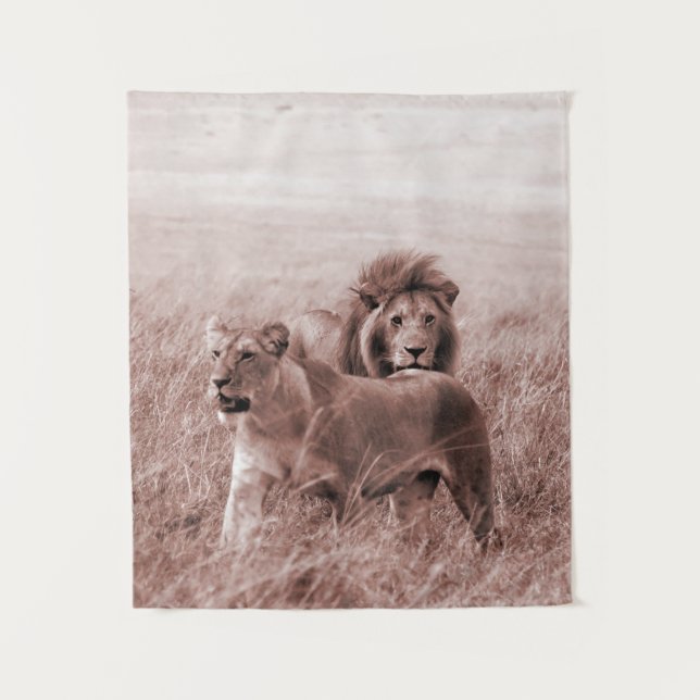 Lion Pair, sepia (vertical) Tapestry (Front)