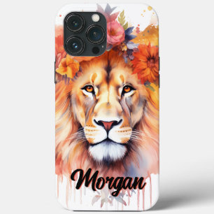 Lion Pastel Flowers Safari Watercolor Savannah Cat iPhone 13 Pro Max Case