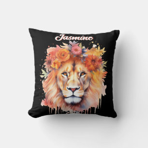 Lion Pastel Flowers Safari Watercolor Savannah Cat Cushion