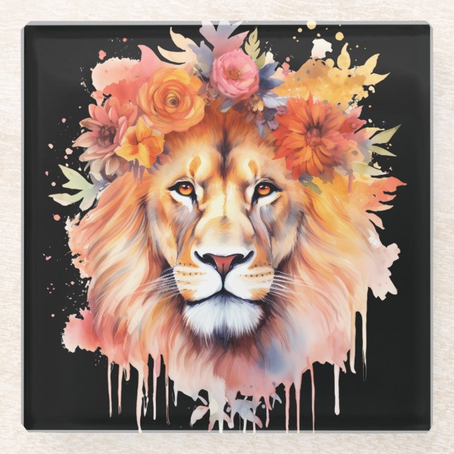 Lion Pastel Flowers Safari Watercolor Savannah Cat Glass Coaster (Front)