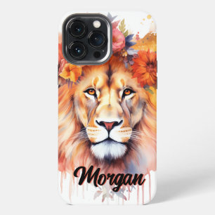 Lion Pastel Flowers Safari Watercolor Savannah Cat iPhone 13 Pro Max Case