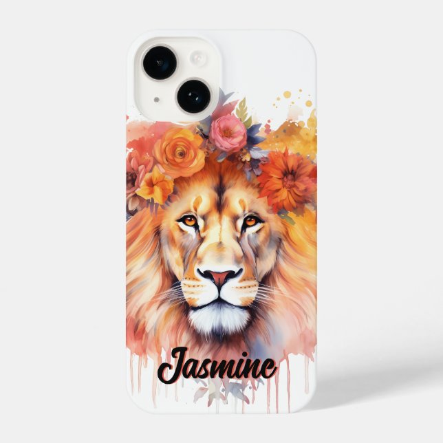Lion Pastel Flowers Safari Watercolor Savannah Cat iPhone Case (Back)