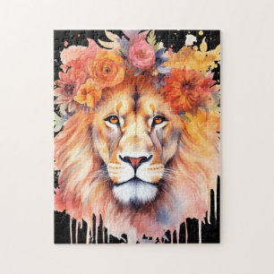 Lion Pastel Flowers Safari Watercolor Savannah Cat Jigsaw Puzzle