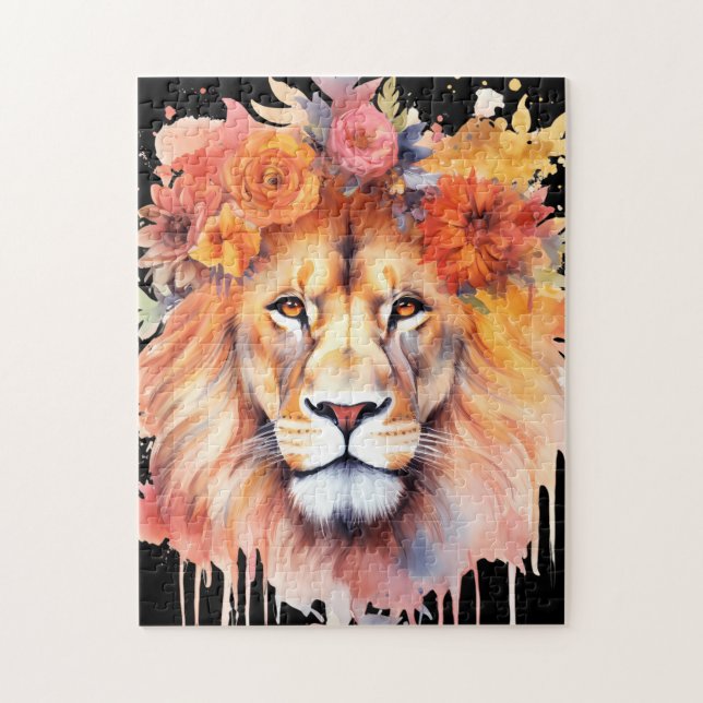 Lion Pastel Flowers Safari Watercolor Savannah Cat Jigsaw Puzzle (Vertical)