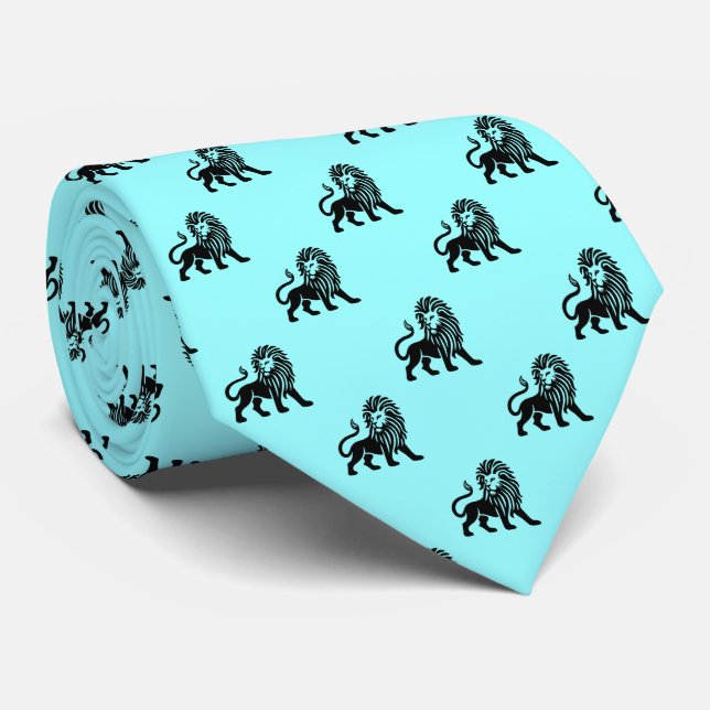 Lion Pattern - Black on Ice Blue Tie (Rolled)